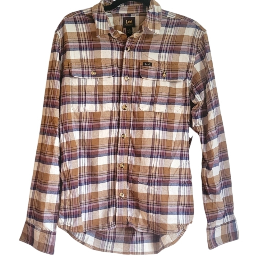 Lee Brown White Plaid Cotton Button Up Shirt Men's size Small